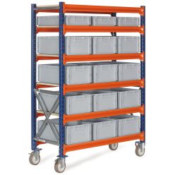 Lagerhylla på hjul med ¼ pallboxar - 3 x 476412 + 12 x 476422 - Lagerhyllor