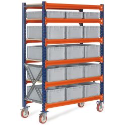 Lagerhylla på hjul med ¼ pallboxar - 3 x 476412 + 12 x 476422 - 
