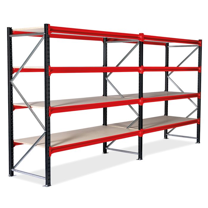 Lagerhylla 2 sektioner. H2000 x L3850 x D0600 mm. Med hyllor av spånskiva. RAL9005 Jet black + RAL3001 Signal red - 