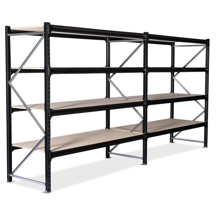 Lagerhylla 2 sektioner. H2000 x L3850 x D800 mm. Med hyllor av spånskiva. RAL9005 Jet black - 